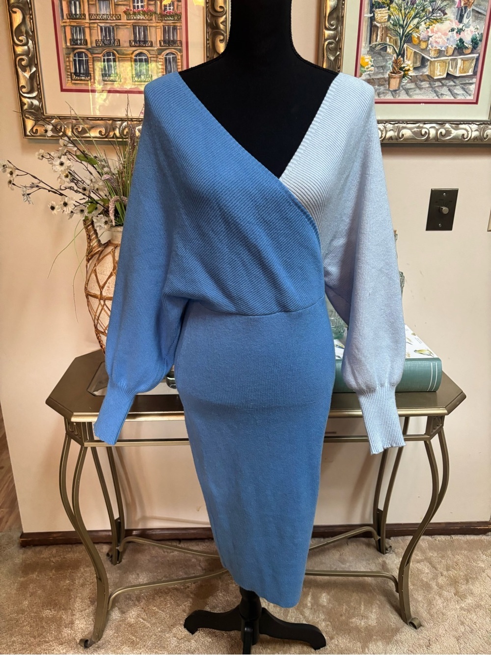 Colorblock Blue Knit Wrap Body-con V-Neck Wrap Midi Dress by Theenkoln Size Med - Picture 2 of 9